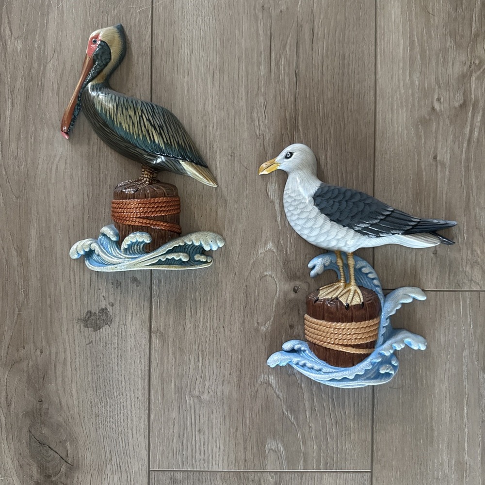 2 Hand Painted 8" Pelican & Seagull Wall Mount Decor Sculpture Plaque‎ Charlotte